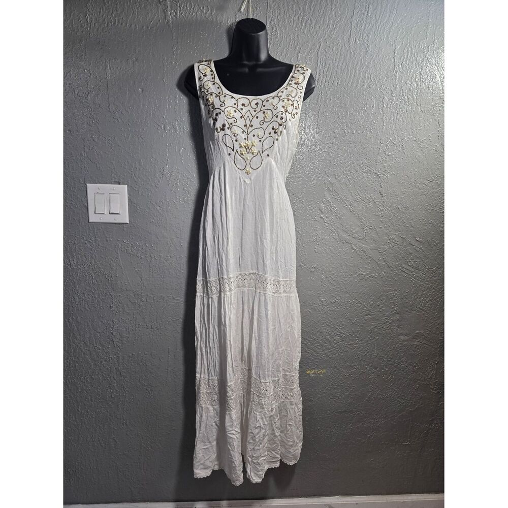 Magic White Maxi Dress with Gold Embroidery